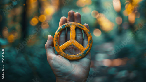 a man's hand holds a sign of pacifism and peacefulness, conscious renunciation of violence, Conscientious Objector Day