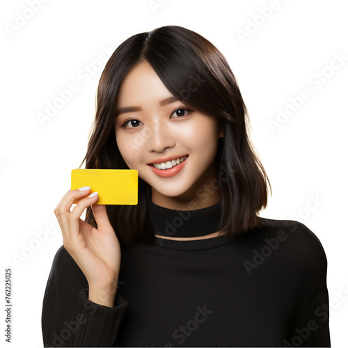 a woman holding a yellow card