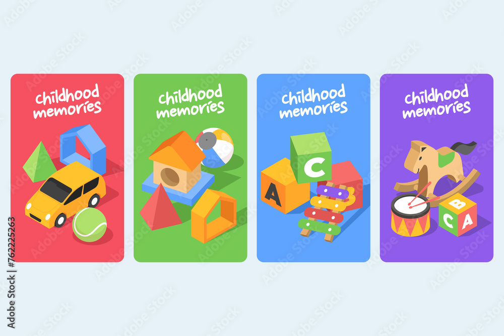 Fototapeta premium Isometric cartoon cute toys card set