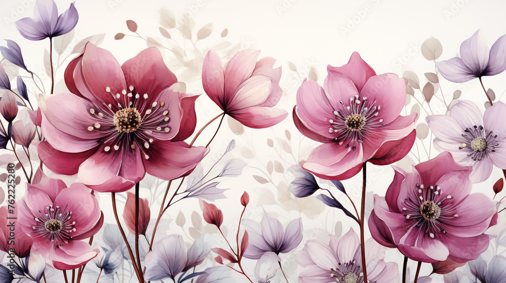 Romantic seamless hellebores flower watercolor sea - obrazy, fototapety, plakaty 