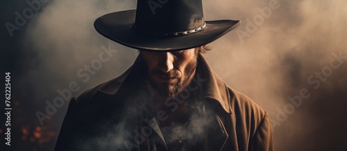 A man wearing a cowboy hat and coat is standing boldly in the mystifying fog, creating an artistic and fashionforward image in the darkness photo