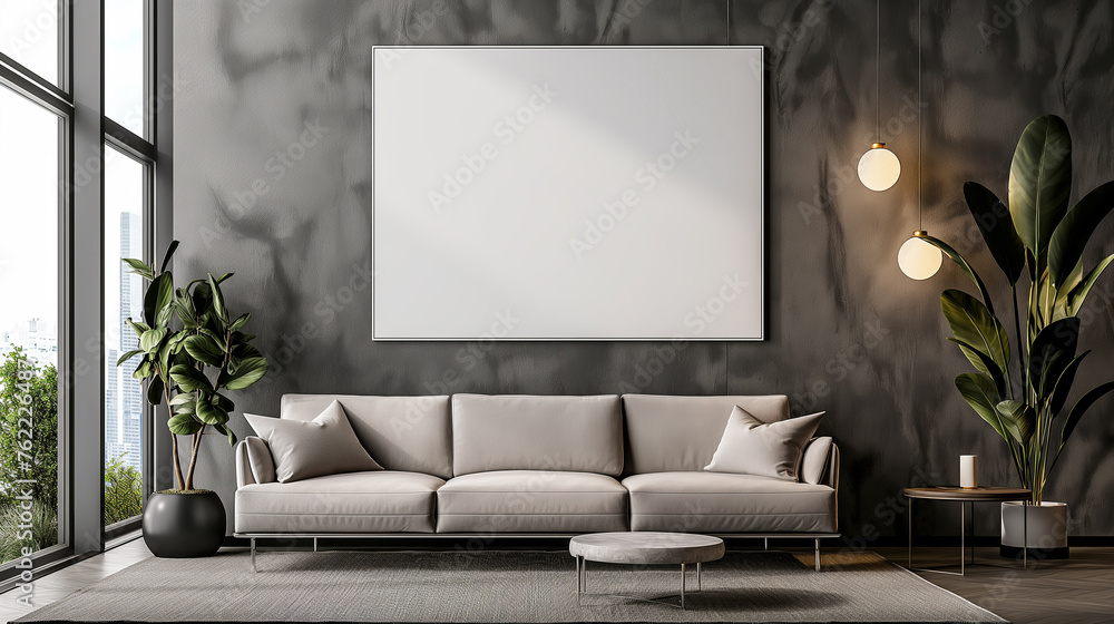 A black-framed blank screen hangs on a cement wall in a modern room A black-framed blank screen hangs on a cement wall in a modern room