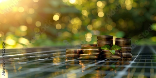 Stacked coins on solar panels with lush greenery in the background, representing investment in renewable energy.