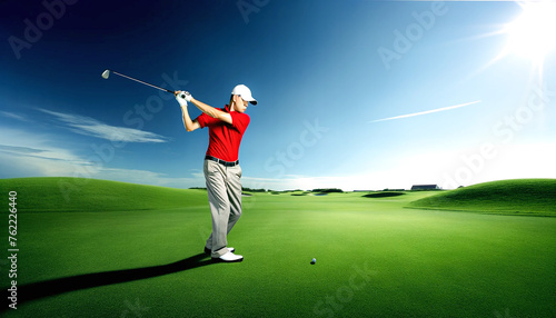Golf player swinging a golf club, dressed in a striking red polo and a white golf cap, active leisure time concept