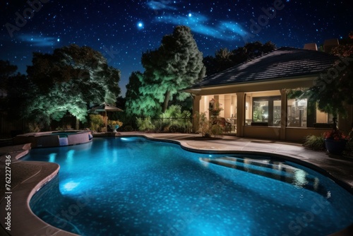 Serene Property night pool. Modern house with luxury exterior design. Generate Ai © juliars