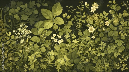 A lush, green forest floor with various types of leaves and plants in shades of dark emerald to light olive green, illustrated in the style of vintage botanical illustrations. 