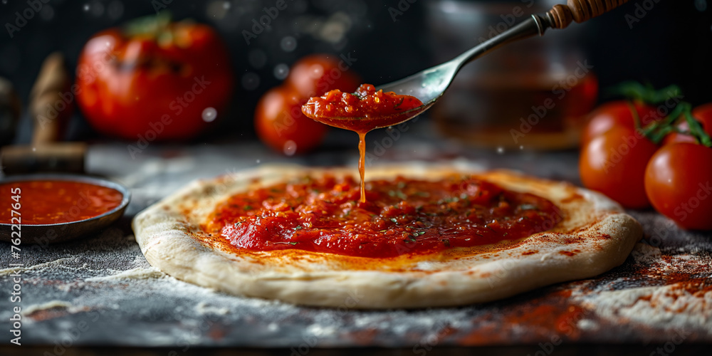Tomatensoße läuft auf den Pizzateig beim zubereiten als Nahaufnahme, ai generativ - obrazy, fototapety, plakaty 