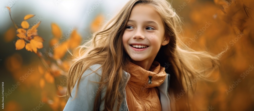 Fototapeta premium A young girl with long hair is smiling and enjoying the natural landscape of the park, surrounded by green grass, expressing happiness and leisure