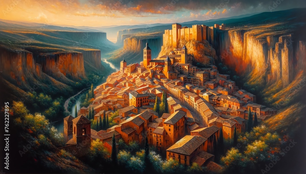 Oil Painting of Albarracín, Spain - obrazy, fototapety, plakaty 
