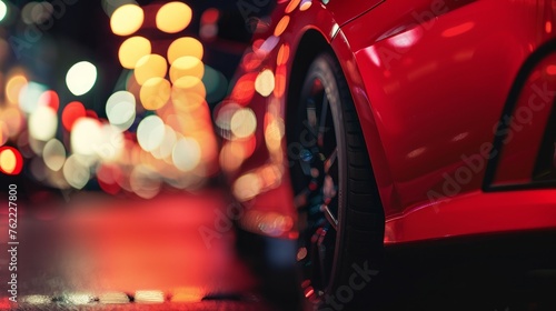 Close-up of a red sports car with vibrant bokeh lights creating a dynamic night scene.