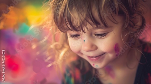 A young child with a joyful expression, face painted with colorful smudges.
