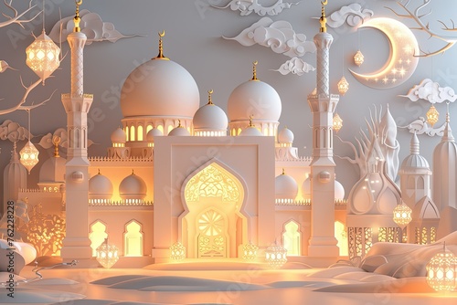 beautiful white mosque image, crescent moon and islamic lantern with light 