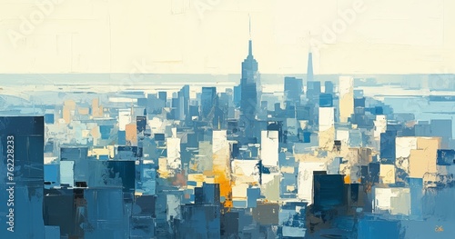 A modern city skyline painted in oil, with tall buildings reaching towards the sky. 