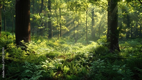 A serene forest glade with dappled sunlight filtering through the leaves  casting a gentle glow on the lush greenery.