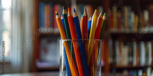 Brightly colored pencils standing in a glass holder with a blurred bookshelf background.