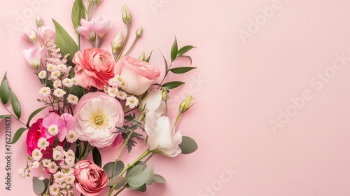 Flowers for Mother Day isolated on light pink background. Wedding flower bouquet. Nature bride bloom accessories. Modern floral studio. Fresh flower for Valentine Day gift. Banner