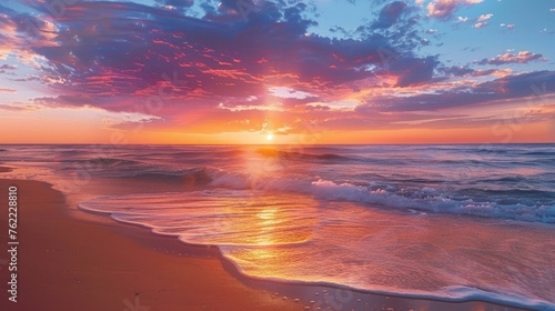 A stunning sunset over a pristine beach, with the sky ablaze with colors and the sea reflecting the fading light.