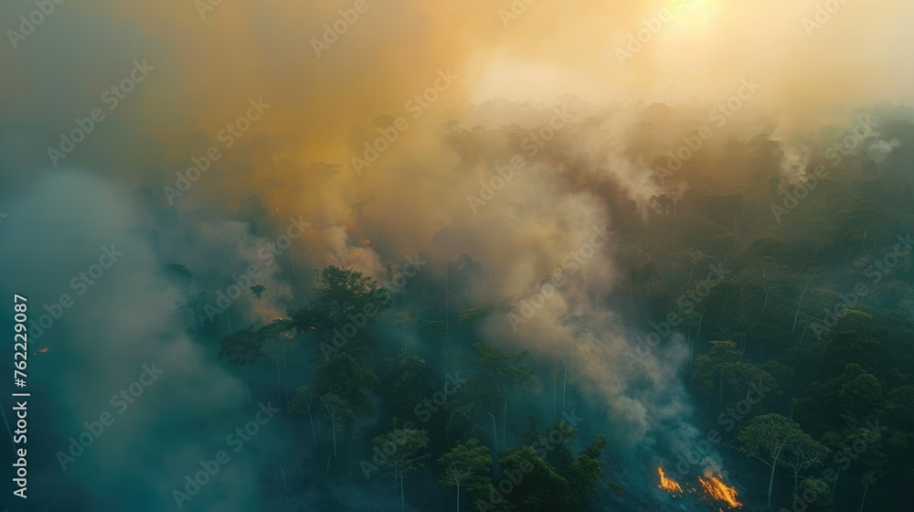 Wildfire in forest causes smoke and PM 2.5 air pollution.