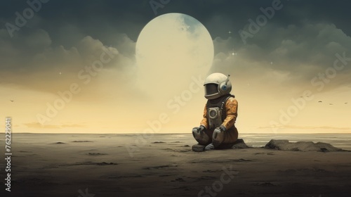 A futuristic person in a space suit on a strange planet, alone on a strange planet