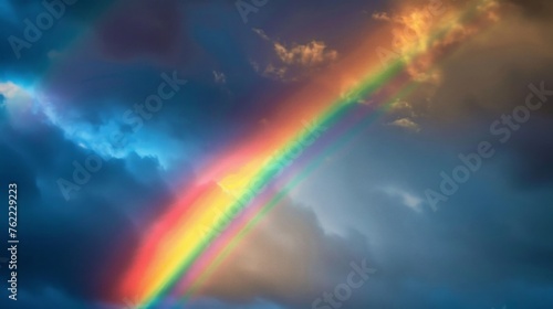 A bright  colorful rainbow arcs through a dramatic stormy sky after rain.