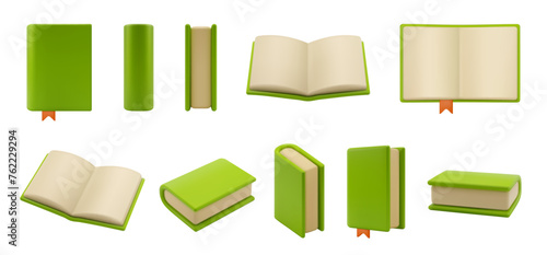 Closed and opened textbooks, isolated empty blank papers and covers of books. Vector realistic publications with sheets and bookmarks, knowledge and education, library materials 3d icons