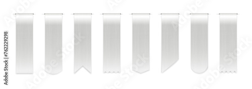 Realistic bookmarks vector illustration set. Satin ribbons for school books, ribbons for dictionaries, documents organizers. Flip dairy dairy bookmarks mockup