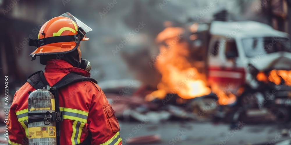 A firefighter with protective gear stands ready against a backdrop of a fierce fire and emergency vehicles.