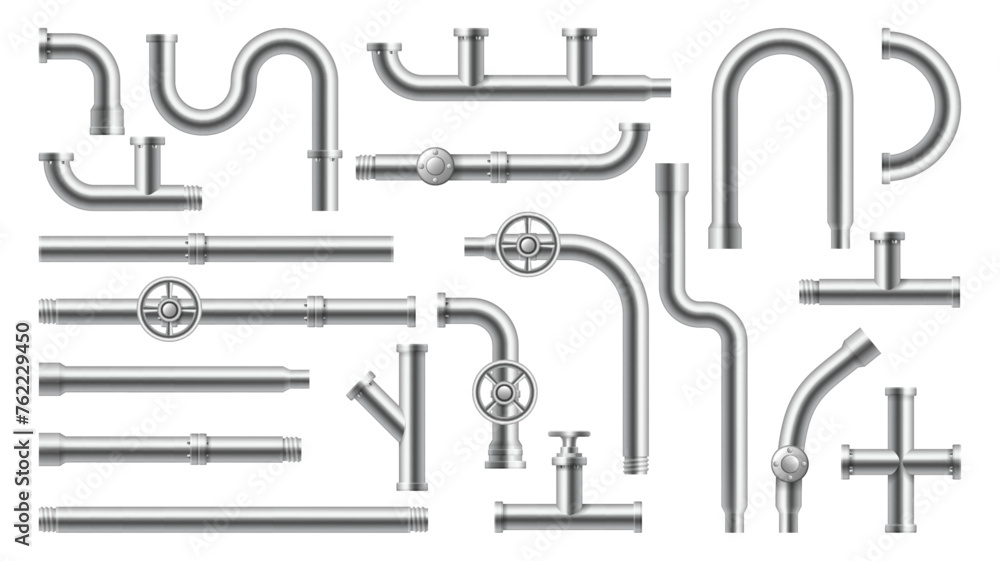 Stainless steel and metallic pipes, plumbing fittings. Vector water, fuel or gas supply system, oil refinery industry pipeline, house sewer bolted sections. Isolated 3d realistic connections Stainless steel and metallic pipes, plumbing fittings. Vector water, fuel or gas supply system, oil refinery industry pipeline, house sewer bolted sections. Isolated 3d realistic connections