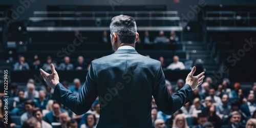 Rear view of a businessman addressing a large professional audience at a conference.