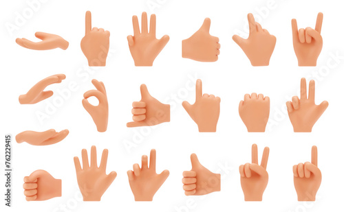 Hand gestures showing approval and greeting, pointing index finger up. Vector isolated thumb up and okay, victory peace V sign, asking give and take. Waving hi and high five, clenched fist