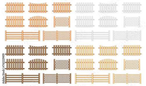 Fence realistic wooden timber vector illustration set. Cartoon garden planks of white, brown or grey color, village architecture rustic outdoor barrier, backyard garden picket photo