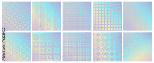 Futuristic hologram texture, set of gradient prints with glowing rainbow effect. Vector patterns with dots and squares, circles and geometric design. Cards for background, modern flyers
