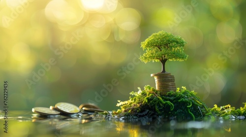 A conceptual image of a tree growing on stacked coins, illuminated by a sunlit bokeh background symbolizing financial growth.