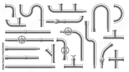 Stainless steel and metallic pipes, plumbing fittings. Vector water, fuel or gas supply system, oil refinery industry pipeline, house sewer bolted sections. Isolated 3d realistic connections