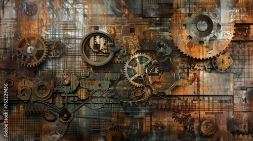 Rustic Industrial Collage with Mechanical Gear Wheels.