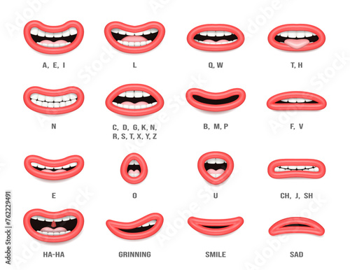Realistic mouth sync. Vector talking lips for cartoon character animation and english pronunciation signs. Isolated female or make emotions and speaking articulation set with letters of language photo