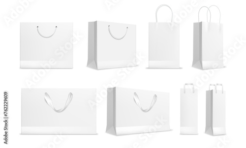 Paper shopping bag isolated vector illustration of realistic white shop packages. Empty shopper bags template, supermarket shop mall packs. Retail present bags, sale merchandise products