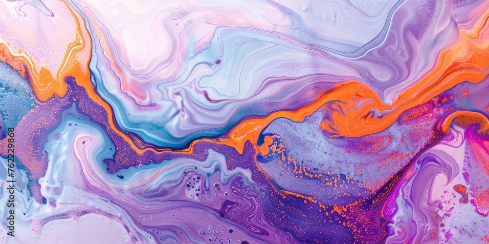 Fluid art with swirling patterns of purple, orange, and pink. Abstract painting for creative design and print with space for text Fluid art with swirling patterns of purple, orange, and pink. Abstract painting for creative design and print with space for text