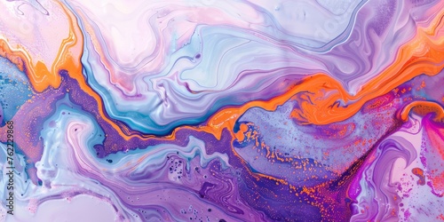 Fluid art with swirling patterns of purple, orange, and pink. Abstract painting for creative design and print with space for text