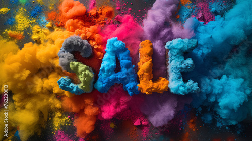 The word "Sale" made from multi-colored letters against a background of a splash of multi-colored paints