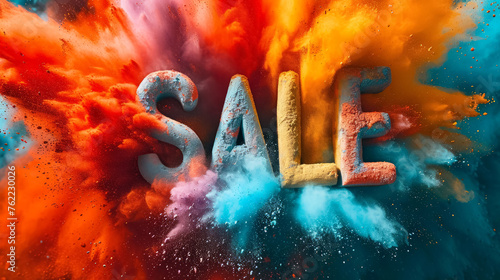 The word "Sale" against a background of a splash of colorful paints