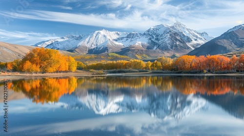 A tranquil lake reflecting the surrounding snow-capped mountains  with a few colorful autumn trees lining the shore.