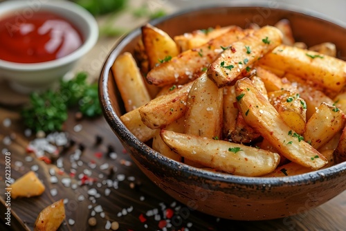 Artisanal Fries Served in a Beautifully Plated Rustic Setting with Dreamy Warm Tones. Concept Food Photography, Rustic Setting, Artisanal Fries, Dreamy Warm Tones