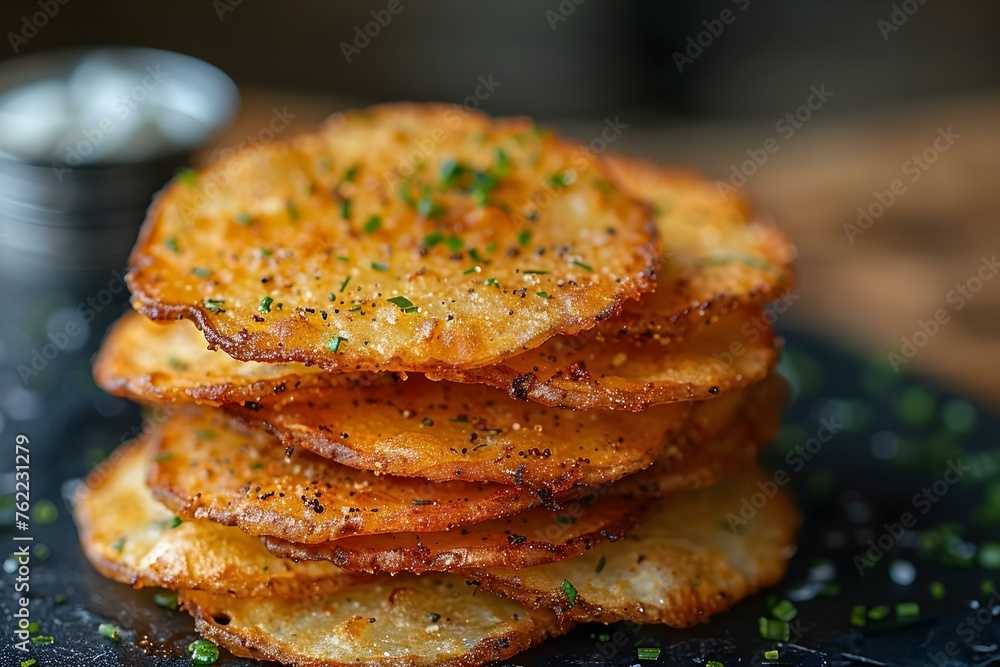 Stack of fried potato chips freshly cooked and ready to eat. Concept Potato Chips, Snack, Homemade, Crispy, Delicious