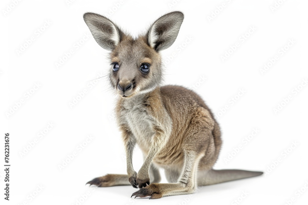Obraz premium Adorable baby kangaroo sitting in front of a white background, gazing at the camera