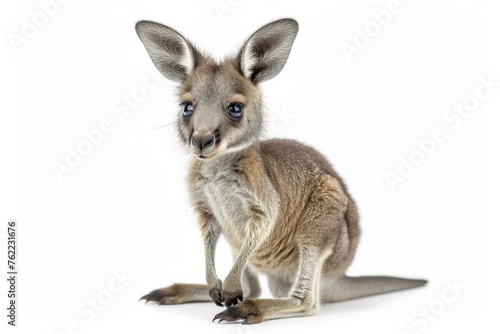 Adorable baby kangaroo sitting in front of a white background, gazing at the camera
