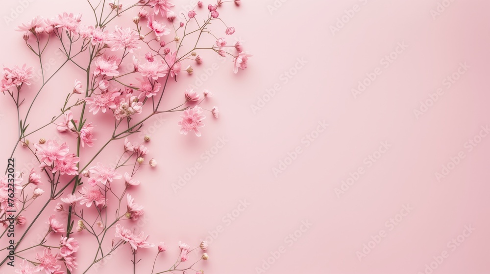 Banner with flowers on light pink background. Greeting card template for Wedding, mothers or womans day. Springtime composition with copy space. Flat lay style Banner with flowers on light pink background. Greeting card template for Wedding, mothers or womans day. Springtime composition with copy space. Flat lay style