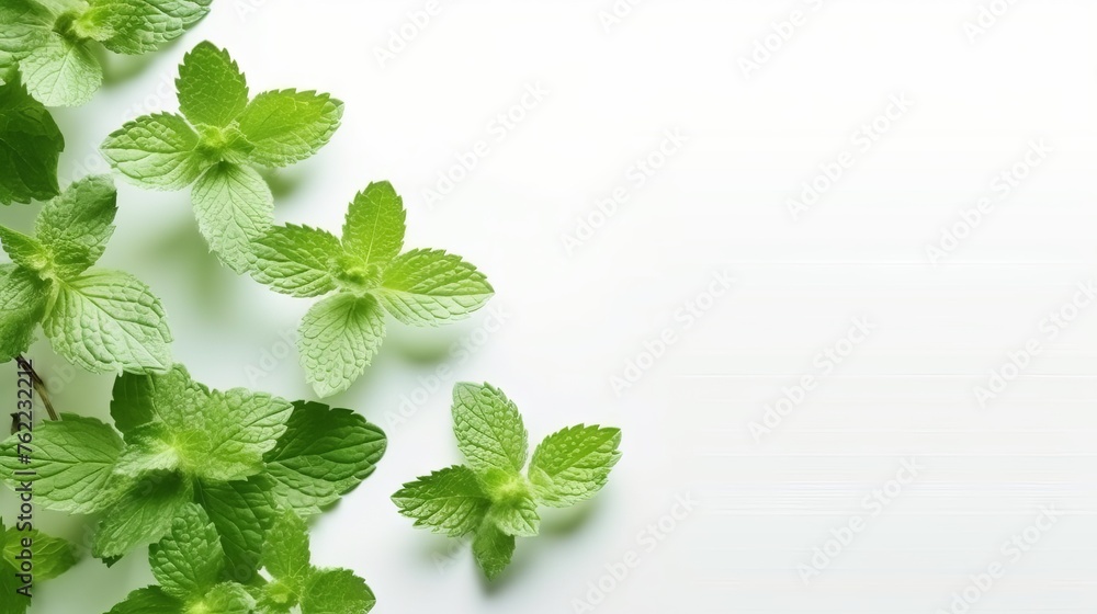 Mint Leaves Decoration on a White Background. Negative space. Generative AI Mint Leaves Decoration on a White Background. Negative space. Generative AI