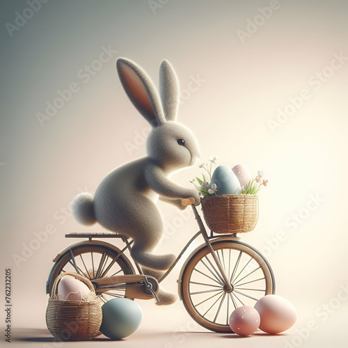 An adorable grey bunny riding a stylish bicycle with a basket filled with colorful Easter eggs. Minimal Easter concept.