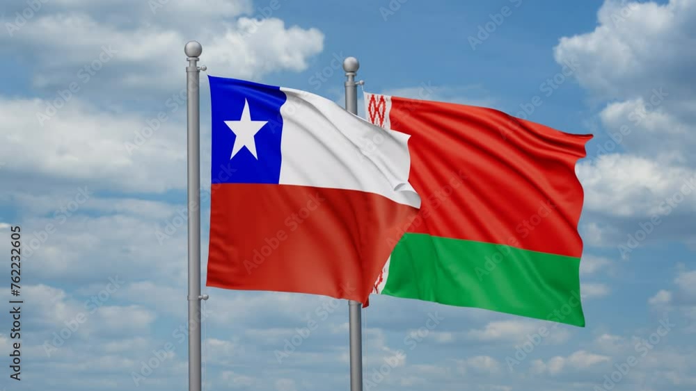 Belarus and Chile two flags waving together, looped video, two country cooperation concept Belarus and Chile two flags waving together, looped video, two country cooperation concept